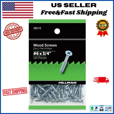 Buy Hillman Wood Screws, #6 X 3/4  Flat Head Phillips, Zinc Plated, Steel 110 Pieces • 7.99$
