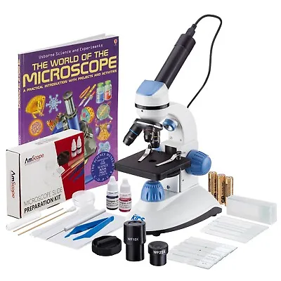 Buy AmScope 40X-1000X 2-LED Portable Compound Microscope Kids Kit, Book 3MP Camera • 219.99$