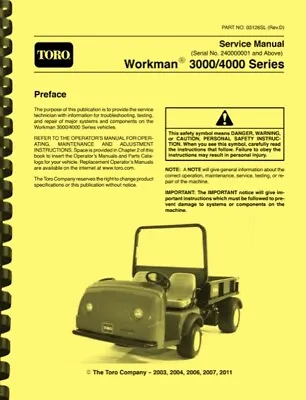 Buy Toro Workman 3000 4000 Series With S/N 240000001 And Above REPAIR SERVICE MANUAL • 29.95$