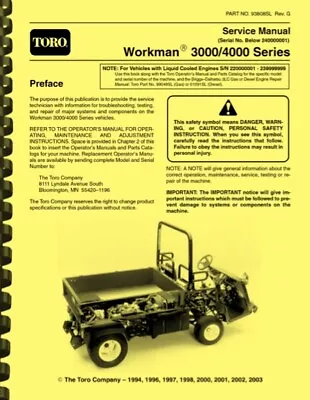 Buy Toro Workman 3000 4000 Series With S/N Below 240000001 REPAIR SERVICE MANUAL • 34.95$
