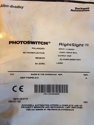 Buy New Allen Bradley Photoswitch Sensor- 42EF-P2MPB-A12 - RightSight Photo Eye • 49.99$
