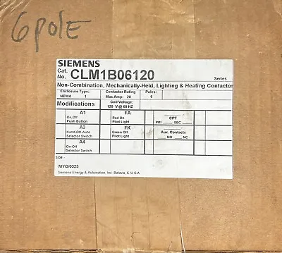 Buy SIEMENS CLM1B06120 Non-combo Mechanically Held Lighting Contactor 20amp 6p 120v • 849.99$