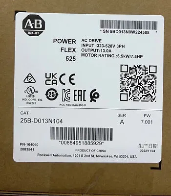 Buy IN US New Factory Sealed Allen-Bradley 25B-D013N104 PowerFlex 525 AC Drive 5.5KW • 670.20$