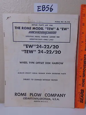 Buy Vintage Rome Model Plow Company 1961 Parts List Book Ew Tew 24-22/20 Disk Harrow • 24.99$