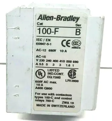 Buy Allen-Bradley 100-F Miniature Contactor, 10A, 600VAC, Ser B Used (Q) • 19.99$