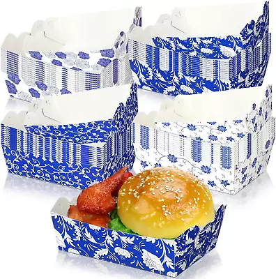 Buy 100 Pcs Blue White Floral Paper Food Trays Bulk 1.1 Lb Disposable Paper Boats Wh • 37.99$