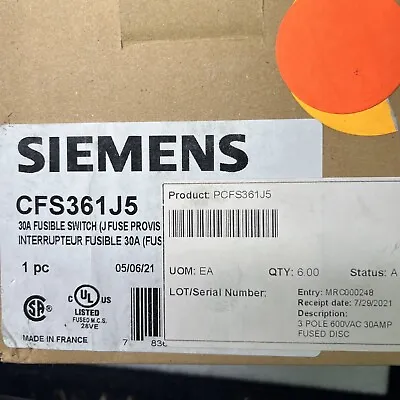 Buy NEW 2021 Siemens CFS361J5 Fusible Disconnect Switch 3p 30a Amp 600v-ac • 119$