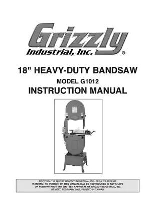 Buy Owner’s Manual & Instructions Grizzly 18” Heavy-Duty Bandsaw -Models G1012 • 18.95$