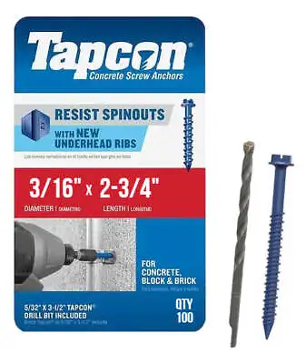 Buy Tapcon 3/16  X 2-3/4  Hex Head Concrete Anchor Screws 3145407 | 100 Pack | Drill • 28.25$
