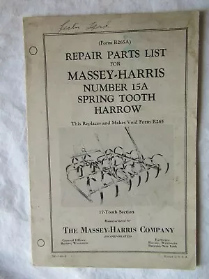 Buy 1944 Massey-Harris 15A Spring Tooth Harrow Repair Parts List Catalog Manual • 16.99$