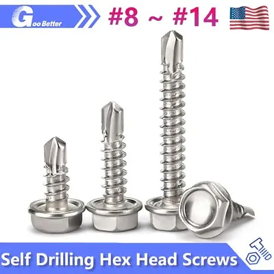 Buy #8-#14 Stainless Steel 410 Hex Washer Head Self Drilling Sheet Metal Tek Screws • 7.89$