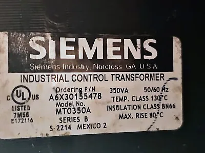 Buy Siemens Control Power Transformer 350VA PRI 240x480 230x460 220 440v MT0350A • 74.99$