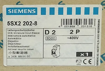 Buy SIEMENS 5SX2 202-8 2 Pole 2 AMP Miniature Circuit Breaker • 25$