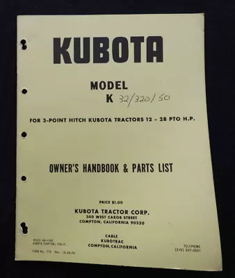 Buy Kubota Tractor  Model K 32 320 500 3-point Hitch  Owners & Parts Catalog Manual • 22.45$