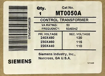 Buy SIEMENS MT0050A 50 VA Control Transformer Primary 240 480 VAC Secondary 110 115 • 48$
