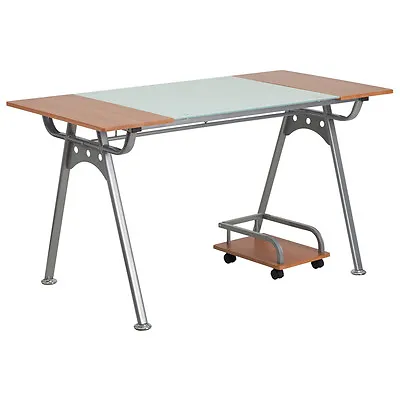 Buy Modern Computer Desk With Cherry Laminate Wood Top And Frosted Glass Insert • 329.95$