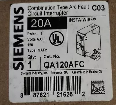 Buy Two Siemens QA120AFC 1 Pole 20 AMP  Arc Fault Combination Breaker AFCI New • 65$