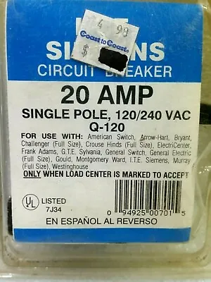 Buy  ITE Siemens Q120 Single Pole 20 Amp, 120 / 240V Circuit Breaker - NOS Q-120 • 7.49$