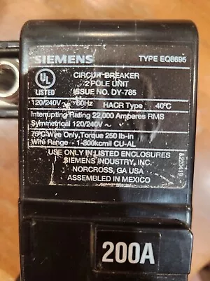 Buy Siemens MBK200A 200A Residential Circuit Breaker 2 Pole 120/240 V Type EQ8695 • 50$