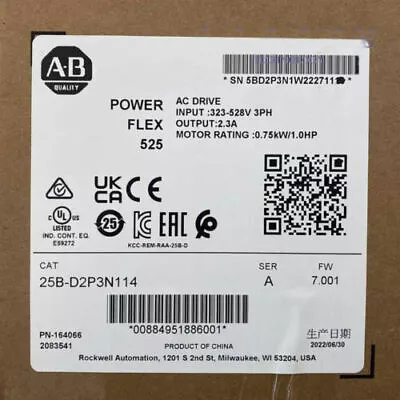 Buy New Sealed Allen-Bradley 25B-D2P3N114 PowerFlex 525 0.75kW 1Hp AC Drive • 275$
