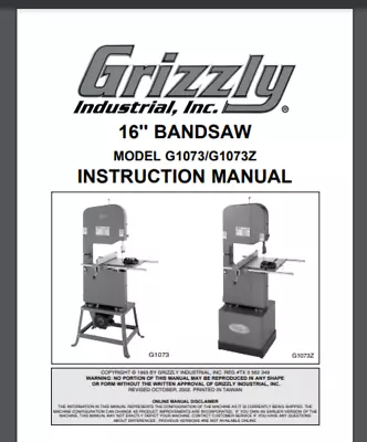 Buy Grizzly 16  Bandsaw G1073 & G173Z Instruction And Parts Manual Gloss Protectors • 15.95$
