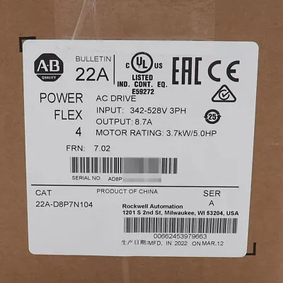 Buy Allen-Bradley 22A-D8P7N104 PowerFlex 4 3.7 KW 5 Hp AC Drive • 759$