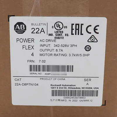 Buy NEW Allen-Bradley 22A-D8P7N104 PowerFlex 4 3.7 KW (5 Hp) AC Drive • 695.90$