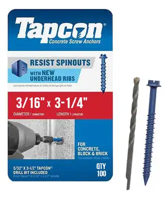 Buy Tapcon 3/16  X 3-1/4  Hex Head Concrete Anchor Screws 3147407 | 100 Pack | Drill • 32.95$