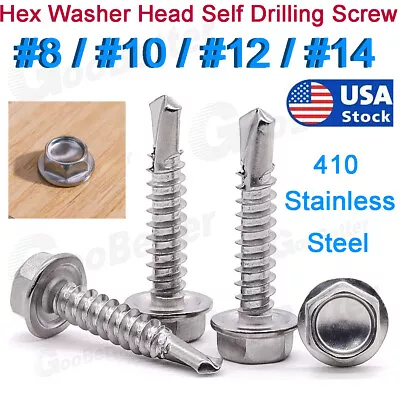 Buy #8-#14 Hex Washer Head Self Drilling Sheet Metal Tek Screws 410 Stainless Steel • 5.75$