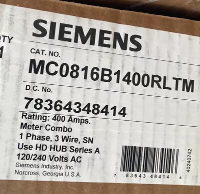 Buy Siemens Mc0816b1400rltm 400 Amp Meter Combo 1 Phase 3 Wire New Unopened Elcege • 2,999.99$