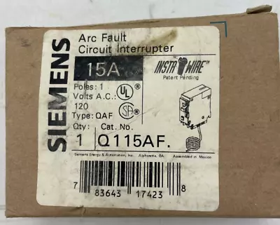 Buy Siemens (Q115AF) 15A 120V Single Pole Arc Fault Circuit Interrupter AFCI (New) • 49.99$