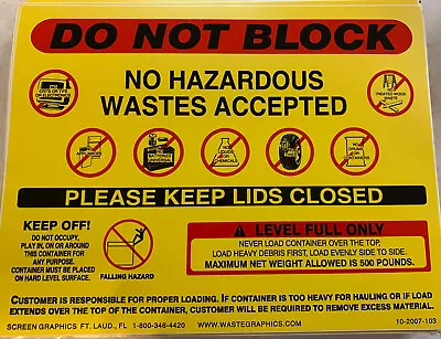 Buy (Lot Of 10) Do Not Block Dumpster Sign Decal Hazard Waste Caution Public Dumping • 23$