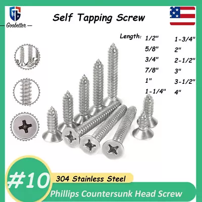 Buy #10 Phillips Flat Countersunk Head Self Tapping Screw Wood Screw Stainless Steel • 6.74$