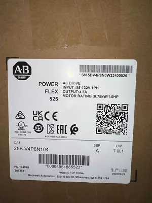 Buy New Sealed AB 25B-V4P8N104 PowerFlex 525 AC Drive 0.75kW 1Hp With Warranty • 369.75$