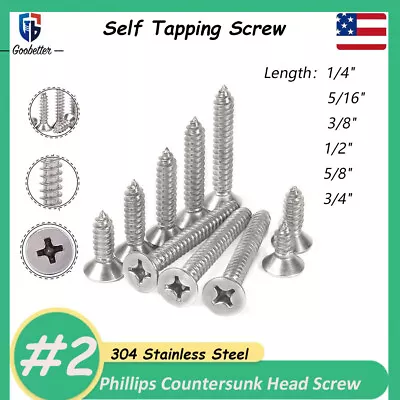 Buy #2 Phillips Flat Countersunk Head Self Tapping Screw Wood Screws Stainless Steel • 7.55$
