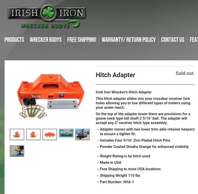 Buy Irish Iron Hitch Adapter Tow Truck Wrecker  • 650$