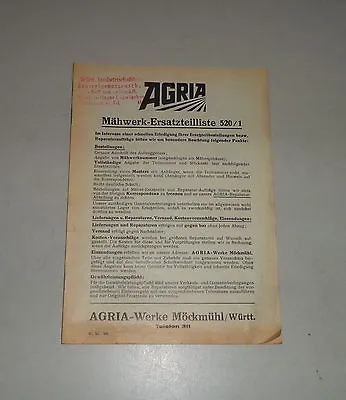 Buy Parts Catalog/Spare Parts List Agria Works Mower 520/1 - Stand 1953 • 19.20$