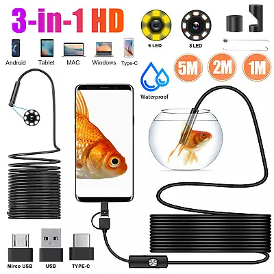 Buy 6/8LED HD Snake Endoscope Borescope Inspection Camera For USB Type C Android PC • 14.98$