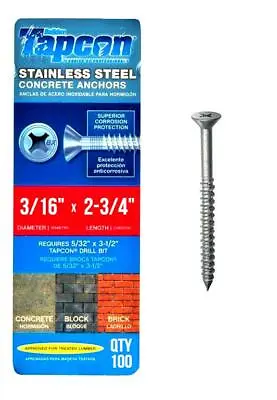 Buy Tapcon 3/16  X 2-3/4  Stainless Steel Phillips Flat Head Concrete Anchor Screws  • 69.95$