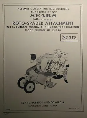 Buy Sears Suburban 69' Tiller 3-Point Garden Tractor Owner & Parts Manual 917.251840 • 48.99$