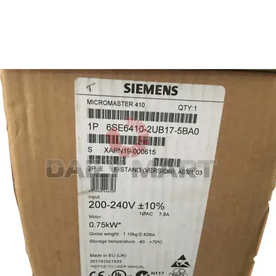 Buy New In Box Siemens 6SE6410-2UB17-5BA0 Micromaster 410 Inverter 7.5kW 1 HP, NiB • 569.84$