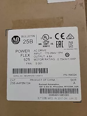 Buy NEW Allen-Bradley 25B-A4P8N104 PowerFlex 525 25B-A4P8N104 AC Drive 0.75kW 1.0HP • 325$