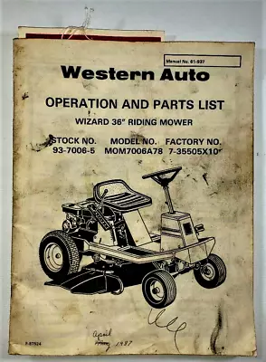 Buy Western Auto Wizard 36  Riding Lawn Mower Operation & Parts List Manual # 61-937 • 10.75$