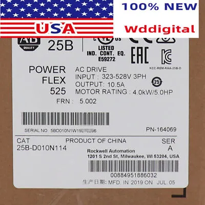Buy New Factory Sealed Allen-Bradley 25B-D010N114 PowerFlex 525 4kW 5Hp AC Drive • 530.20$