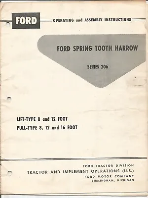 Buy Original Ford Series 206 Spring Tooth Disc Harrow Operator's Manual SE 8650 1643 • 15$