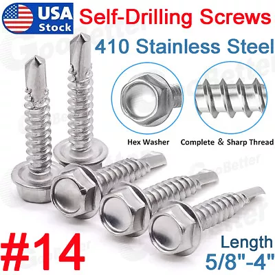 Buy #14 Hex Washer Head Self Drilling Sheet Metal Tek Screws 410 Stainless Steel UNC • 6.26$