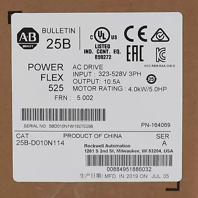 Buy Allen-Bradley 25B-D010N114 PowerFlex 525 4kW (5Hp) AC Drive Factory Sealed US • 489$