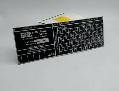 Buy SOUTH BEND LATHE PLATE 13  THREADING CHART TAG 7 7/8  X 2 3/4  Chart No. 1541T • 65$