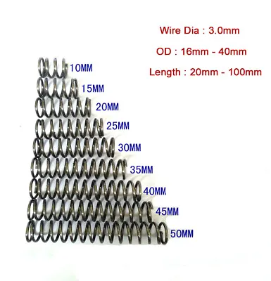 Buy 10 X Spring Steel Compression Pressure Spring Wire Dia 3.0mm Powerful OD 16-40mm • 14.99$