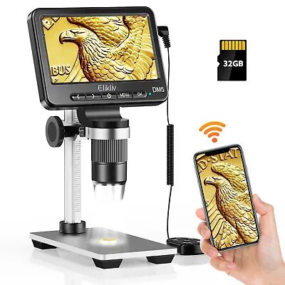 Buy WIFI Elikliv 5 Inch Coin Microscope + 32GB 1200X Digital Microscope 1080P HD • 114.01$